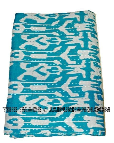 Blue Handmade Ikat Kantha Quilt Blanket - Cotton Quilted Bedspreads, Throws, Ralli, Gudari Handmade Tapestery REVERSIBLE Bedding ikat blanket-Jaipur Handloom