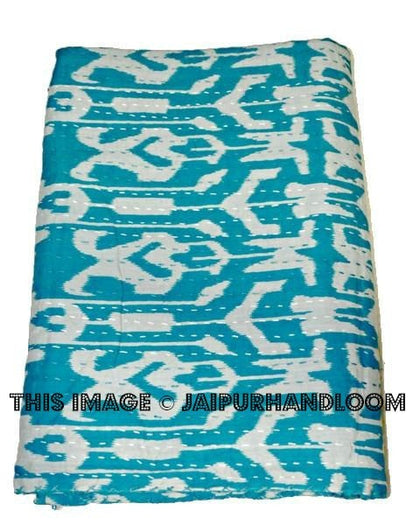 Blue Handmade Ikat Kantha Quilt Blanket - Cotton Quilted Bedspreads, Throws, Ralli, Gudari Handmade Tapestery REVERSIBLE Bedding ikat blanket-Jaipur Handloom