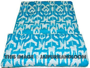 Blue Handmade Ikat Kantha Quilt Blanket - Cotton Quilted Bedspreads, Throws, Ralli, Gudari Handmade Tapestery REVERSIBLE Bedding ikat blanket-Jaipur Handloom