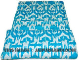 Blue Handmade Ikat Kantha Quilt Blanket - Cotton Quilted Bedspreads, Throws, Ralli, Gudari Handmade Tapestery REVERSIBLE Bedding ikat blanket-Jaipur Handloom