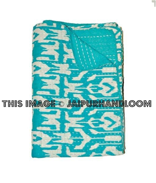 Blue Handmade Ikat Kantha Quilt Blanket - Cotton Quilted Bedspreads, Throws, Ralli, Gudari Handmade Tapestery REVERSIBLE Bedding ikat blanket-Jaipur Handloom