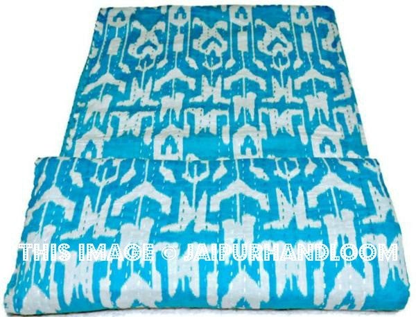 Blue Handmade Ikat Kantha Quilt Blanket - Cotton Quilted Bedspreads, Throws, Ralli, Gudari Handmade Tapestery REVERSIBLE Bedding ikat blanket-Jaipur Handloom