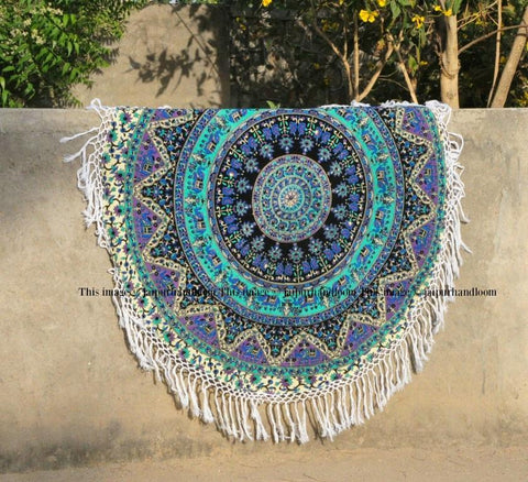 Blue Hippie Bohemian Kerala Mandala Roundie Beach Throw Towel-Jaipur Handloom