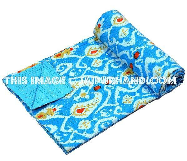 Blue Ikat Quilt, Kantha Quilt, Ikat Kantha, Sari Gudri, Ikat Indian Quilt, Indian Bedspread, Kantha Throw, Ikat Blanket Ikat Throw Bed Cover