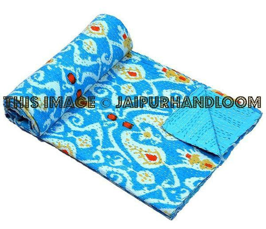 Blue Ikat Quilt, Kantha Quilt, Ikat Kantha, Sari Gudri, Ikat Indian Quilt, Indian Bedspread, Kantha Throw, Ikat Blanket Ikat Throw Bed Cover