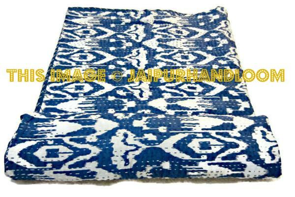 Blue Ikat quilt Queen ikat kantha quilt bedspread Bed cover