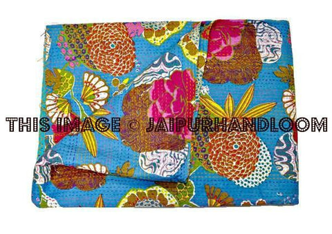 Blue Kantha Quilt in Blue Aqua color, Antique Sari Kantha Blanket throw handmade reversible Kantha Bedspread Kantha Bedding Blanket