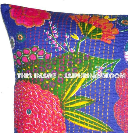 Blue Kantha pillow Cover, Indian decorative kantha pillows, Handmade Floral Pillow, decorative throw Pillow Cotton Pillow-Jaipur Handloom