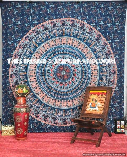 Blue Mandala Tapestry Psychedelic Dorm Tapestries Indian Mandala Curtains-Jaipur Handloom
