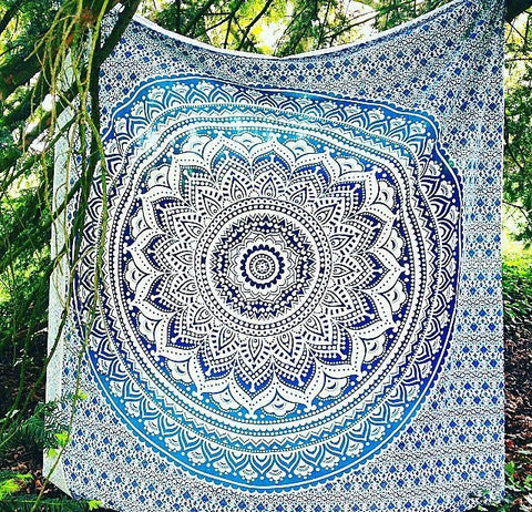 Blue Ombre Mandala Tapestry Queen Mandala Bedding Bedspread Throw-Jaipur Handloom
