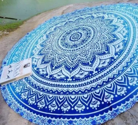 Blue Ombre Round Beach Towel bohemian round table cloth cotton yoga mats-Jaipur Handloom