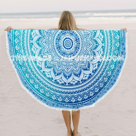 Blue Ombre mandala round towel Mandala Beach Sheet Picnic Table Cloth-Jaipur Handloom