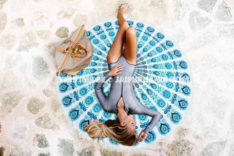 Blue Peacock Print Round Mandala Tapestry Beach Towel Roundies-Jaipur Handloom