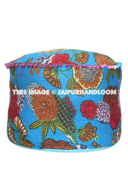 Blue Round Pouf Ottoman-Jaipur Handloom