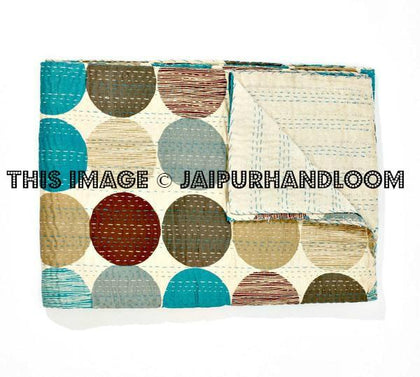 Blue Sari Kantha Quilt In Polka dot, Kantha Blanket, Kantha Bedspread, Kantha Throw, Kantha Bedding, kantha Blanket, Indian Sari Quilt-Jaipur Handloom