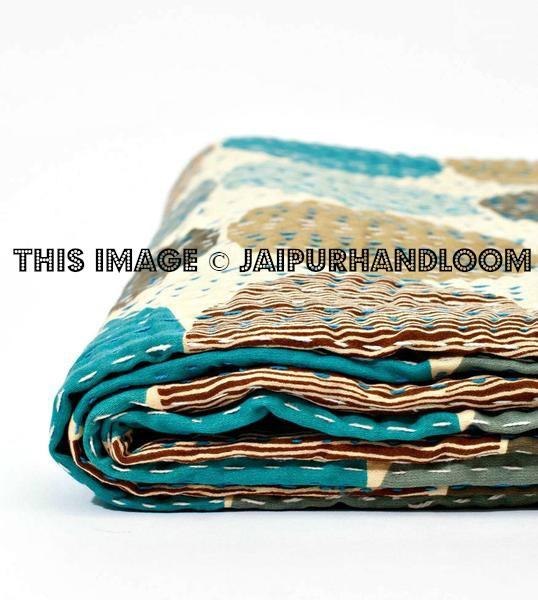 Blue Sari Kantha Quilt In Polka dot, Kantha Blanket, Kantha Bedspread, Kantha Throw, Kantha Bedding, kantha Blanket, Indian Sari Quilt-Jaipur Handloom