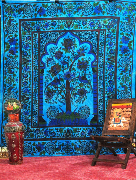 Blue Temple Tree of Life Tapestry Hippie Tapestries Dorm Decor-Jaipur Handloom