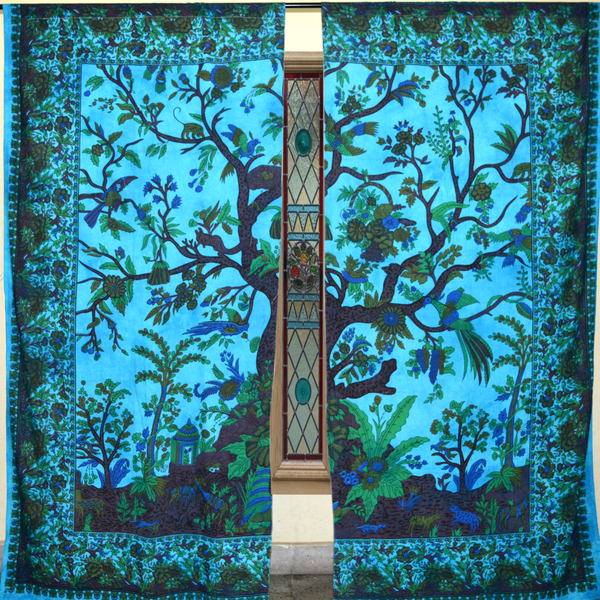 Blue Tree of life door curtains Indian Tapestry Window 2 Panels Drapes-Jaipur Handloom