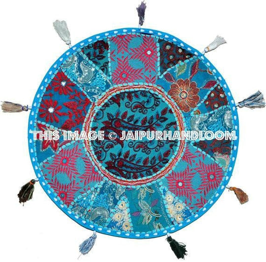 Blue XL 32" Big Round Floor Pillow Cushion round seating Bohemian Patchwork floor cushion pouf Vintage Indian Foot Stool Bean Bag-Jaipur Handloom