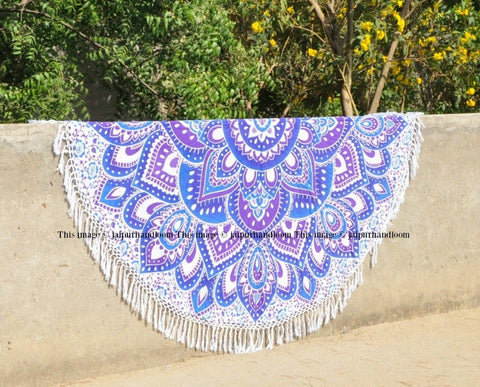 Blue and Purple Floral Ombre Medallion Mandala Roundie Beach Throw-Jaipur Handloom
