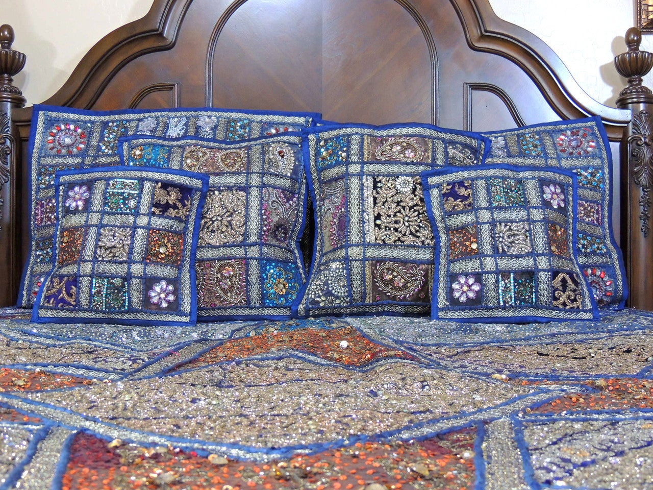 Blue bohemian patchwork bed cover India Embroidered Bedspread in Queen size-Jaipur Handloom