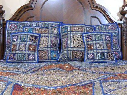 Blue bohemian patchwork bed cover India Embroidered Bedspread in Queen size-Jaipur Handloom