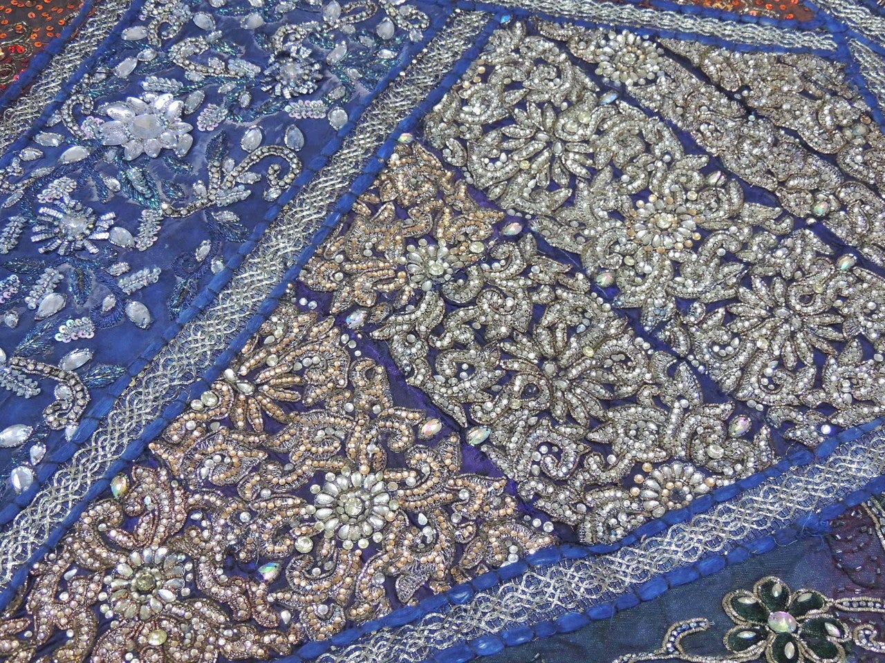 Blue bohemian patchwork bed cover India Embroidered Bedspread in Queen size-Jaipur Handloom