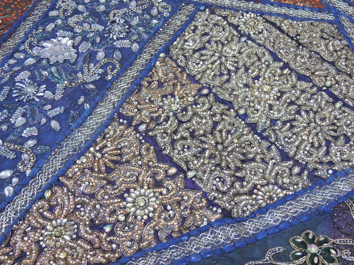 Blue bohemian patchwork bed cover India Embroidered Bedspread in Queen size-Jaipur Handloom