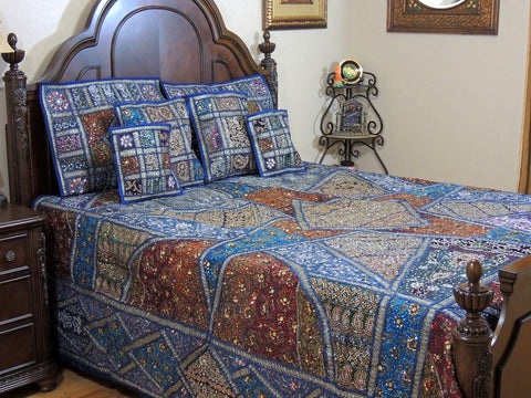 Blue bohemian patchwork bed cover India Embroidered Bedspread in Queen size-Jaipur Handloom