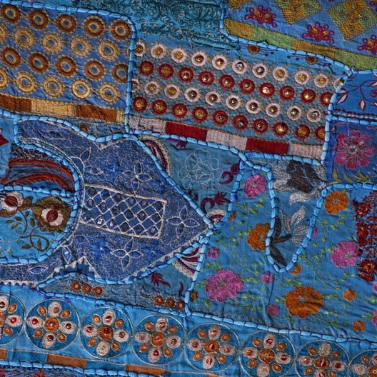 Blue embroidered queen bed cover vintage bohemian patchwork bedding set-Jaipur Handloom