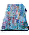 Blue embroidered queen bed cover vintage bohemian patchwork bedding set-Jaipur Handloom