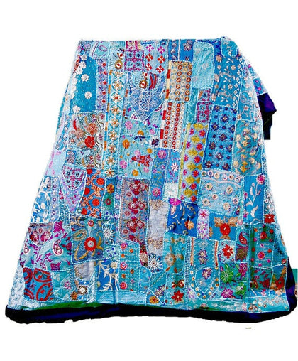 Blue embroidered queen bed cover vintage bohemian patchwork bedding set-Jaipur Handloom