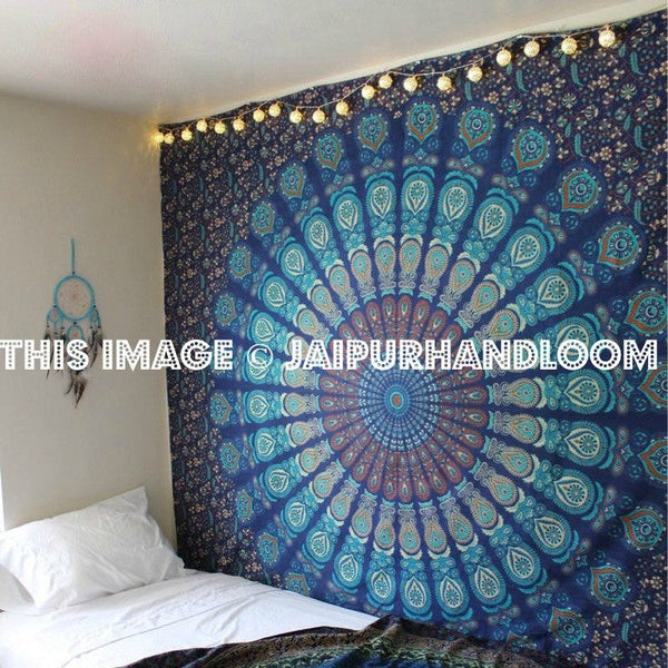 Blue hippie tapestry cute dorm tapestries psychedelic mandala yoga mat-Jaipur Handloom