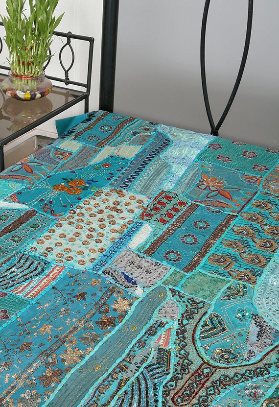 Blue indian embroidered quilt bohemian patchwork bed cover baby blanket-Jaipur Handloom