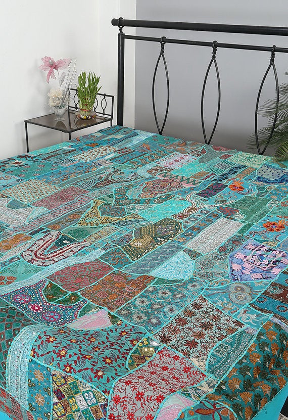 Blue indian embroidered quilt bohemian patchwork bed cover baby blanket-Jaipur Handloom