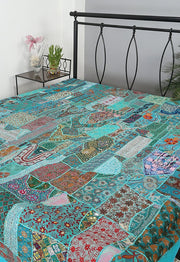 Blue indian embroidered quilt bohemian patchwork bed cover baby blanket-Jaipur Handloom