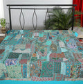 Blue indian embroidered quilt bohemian patchwork bed cover baby blanket-Jaipur Handloom