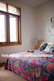 Blue kantha quilts Queen floral kantha blanket bedspread-Jaipur Handloom