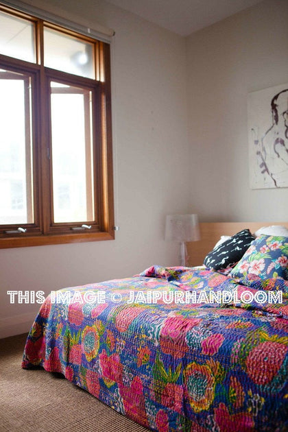 Blue kantha quilts Queen floral kantha blanket bedspread-Jaipur Handloom