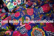 Blue kantha quilts Queen floral kantha blanket bedspread-Jaipur Handloom