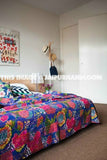 Blue kantha quilts Queen floral kantha blanket bedspread-Jaipur Handloom