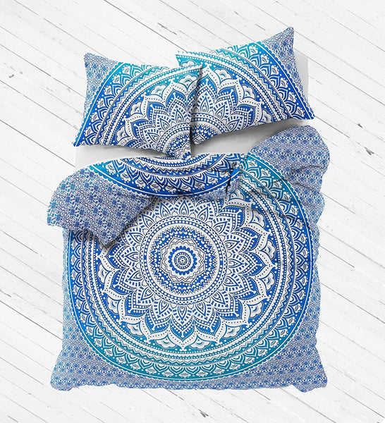 Blue ombre queen duvet cover with 2 matching pillows - Dhara-Jaipur Handloom