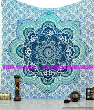 Blue ombre tapestry floral curtains hippie dorm room tapestry queen bedspread-Jaipur Handloom
