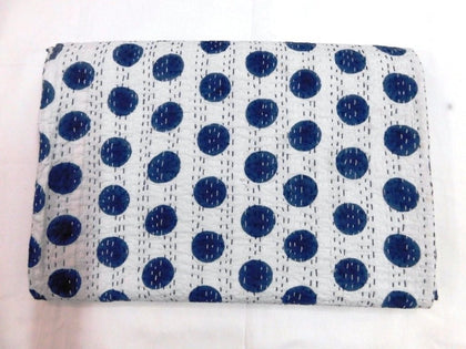 Blue polka dot kantha quilt queen kantha bedding bohemian kantha blanket throw-Jaipur Handloom