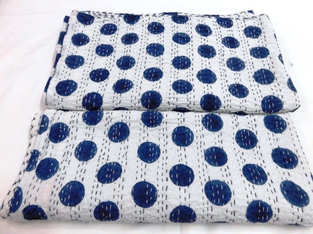 Blue polka dot kantha quilt queen kantha bedding bohemian kantha blanket throw-Jaipur Handloom