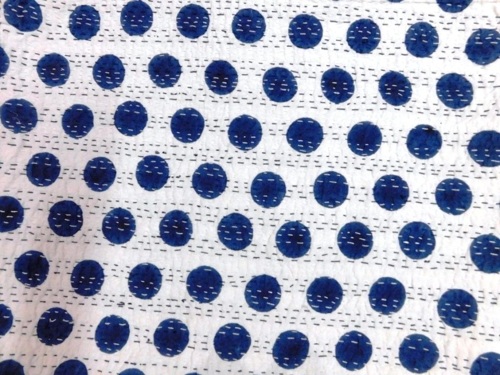 Blue polka dot kantha quilt queen kantha bedding bohemian kantha blanket throw-Jaipur Handloom
