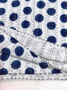 Blue polka dot kantha quilt queen kantha bedding bohemian kantha blanket throw