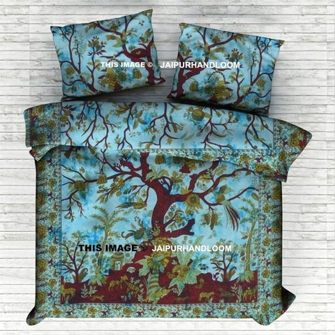 Blue tree of life queen bed cover with matching pillow cases-Jaipur Handloom