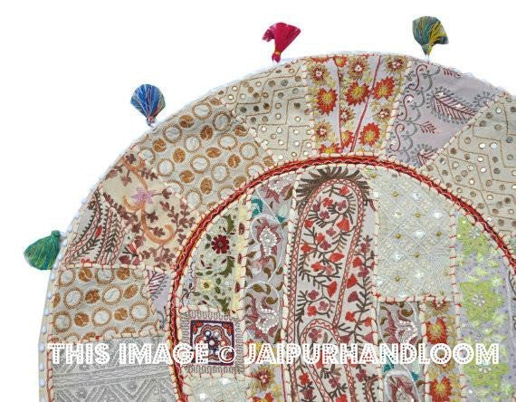 Bohemian 17" Round Floor Pillow Cushion Indian embroidered Vintage Foot Stool Bean Bag-Jaipur Handloom