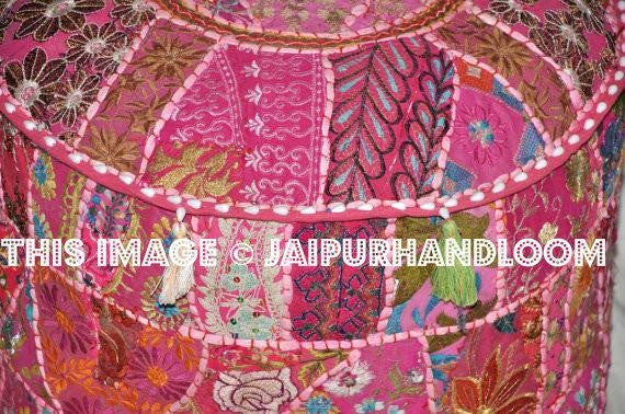 Bohemian Embroidered Pouf Ottoman in Pink Footstool Cover-Jaipur Handloom